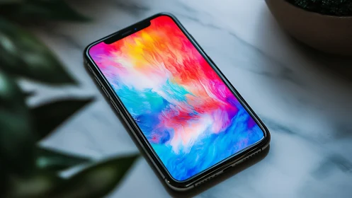 Smartphone with vibrant gradient display on marble surface.