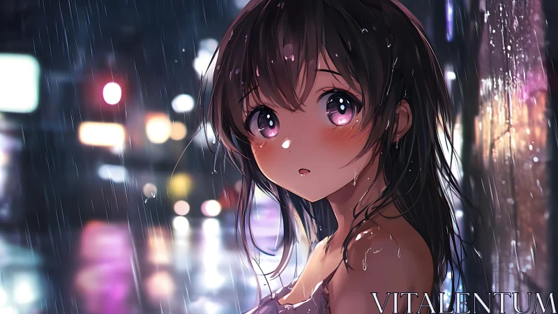 Rain-soaked anime girl in neon city nightscape portrait.
