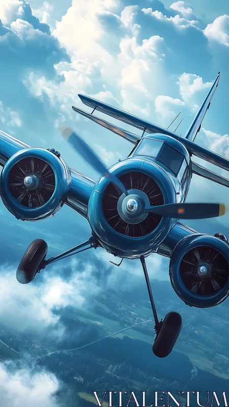 Vintage twin‑engine aircraft banking through luminous clouds.