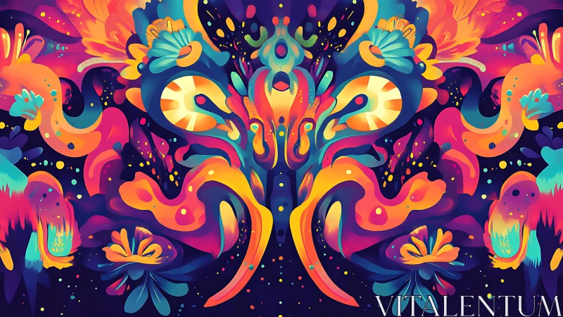 Symmetric neon biomorphic field with kaleidoscopic flow dynamics.