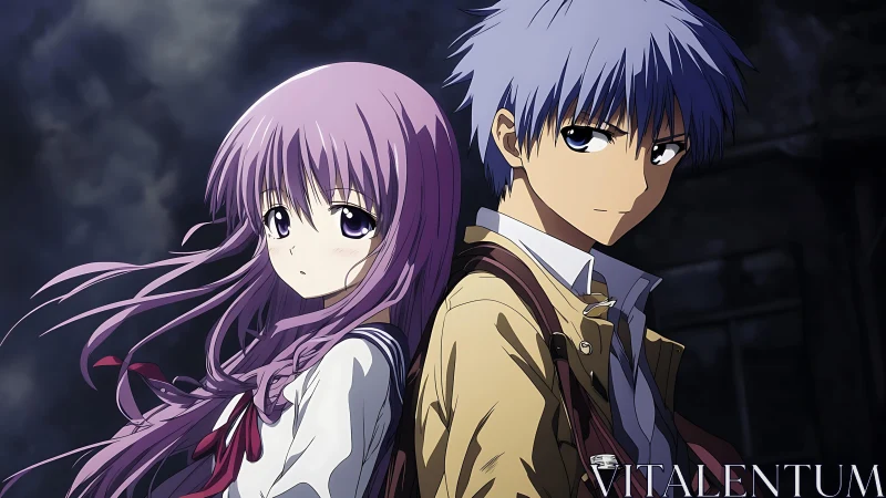 Quiet anime duo stand back to back under a stormy sky