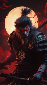 Anthropomorphic warrior monkey before full moon background.