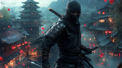 Masked ninja with twin swords in lantern lit town at night.