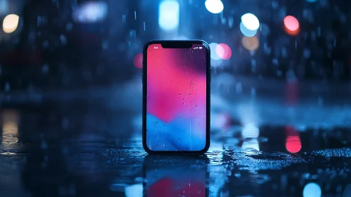 Smartphone rendered with gradient display in neon urban setting.