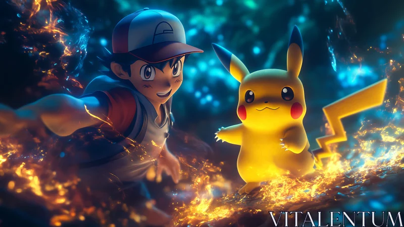 Anime trainer with electric creature in glowing battle realm.