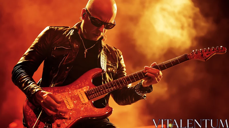 Rock guitarist in leather jacket under fiery stage lights.
