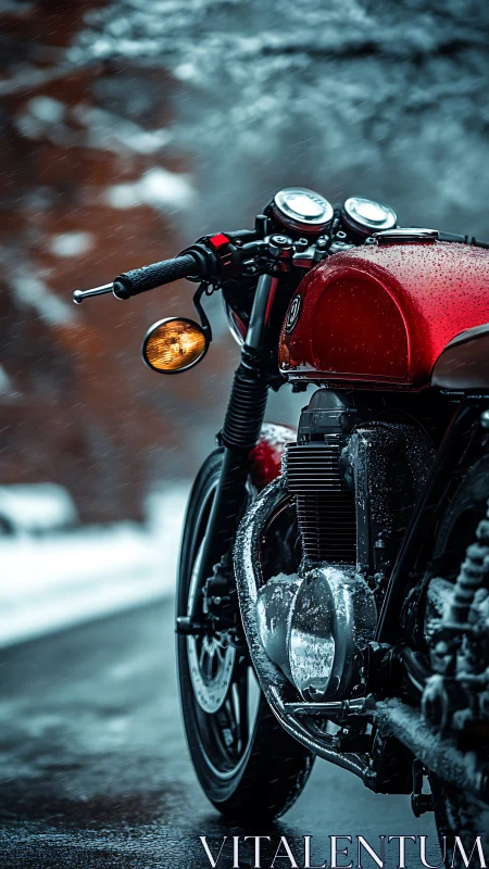 Red motorcycle on wet winter road with falling snow showers.