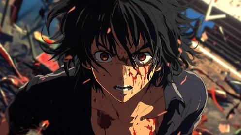 Blood-splattered anime fighter advances through dynamic, debris-filled chaos