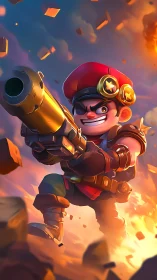 Cartoon soldier firing massive cannon in explosive battle