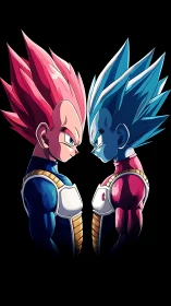Dual-haired Saiyan rivals glow in mirrored cosmic standoff.