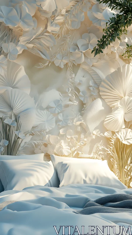 Serene bedroom framed by sculpted floral wall art and light.