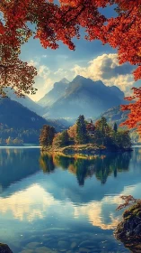 Golden autumn lake embraces quiet island under soft peaks