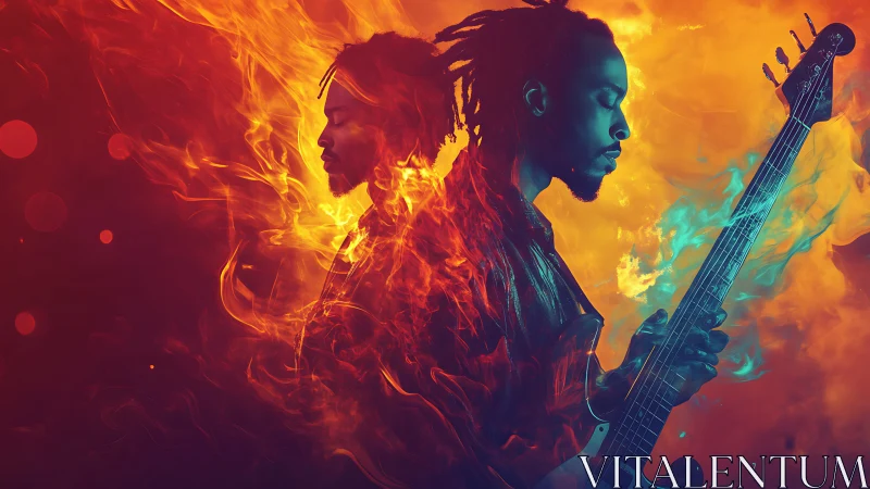 Guitarist Wrapped In Firelight And Dreamy Electric Hues.