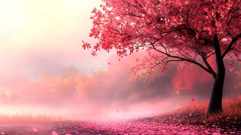 Radiant cherry blossom tree anchors a mist-laden riverside path