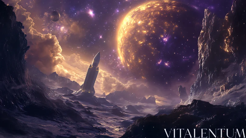 Starlit rocket waits quietly beneath a glowing golden planet