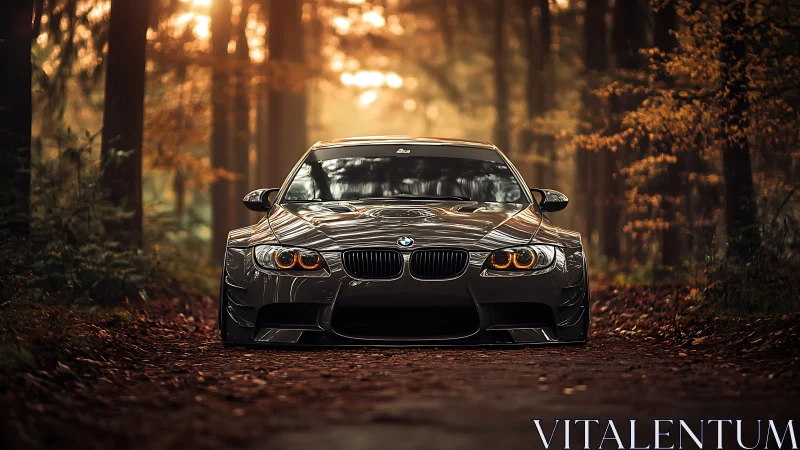 Low-slung performance coupe aligned symmetrically in autumn forest