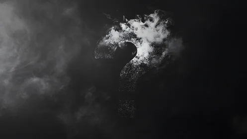 Smoky question mark dissolving through monochrome haze.