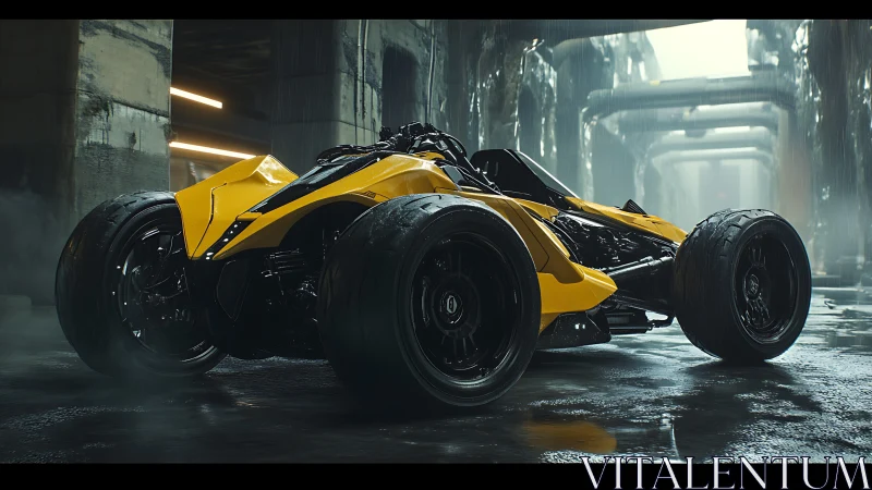 Yellow cyberpunk race trike under wet industrial overpass.