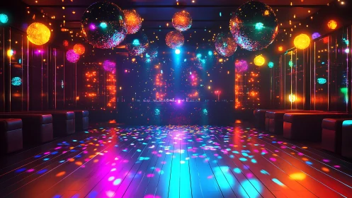 3D neon dance floor interior with prismatic light spheres.