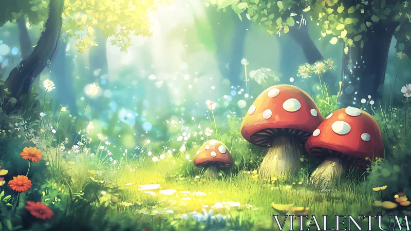 Enchanted forest glade with glowing red toadstool trio.