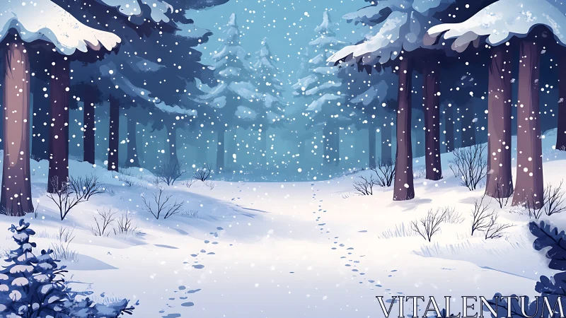 Snowy Forest Path Through Winter Wonderland Scene.