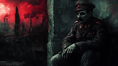 Military officer is seated indoors beside a red cityscape