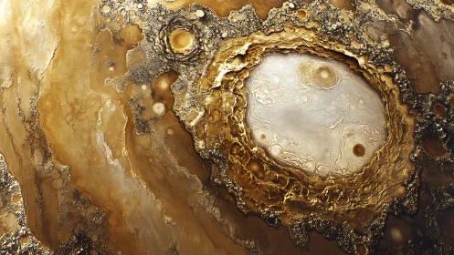 Metallic abstract crater pattern with layered circular forms.