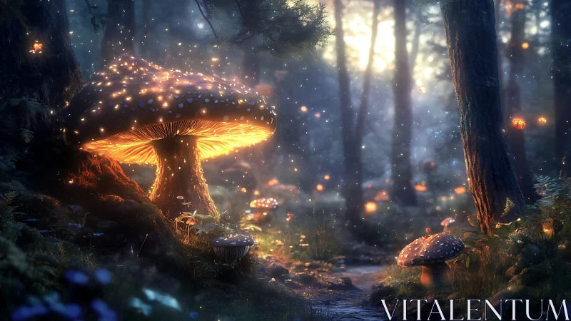 Glowing mushrooms and forest path under soft dusk light.