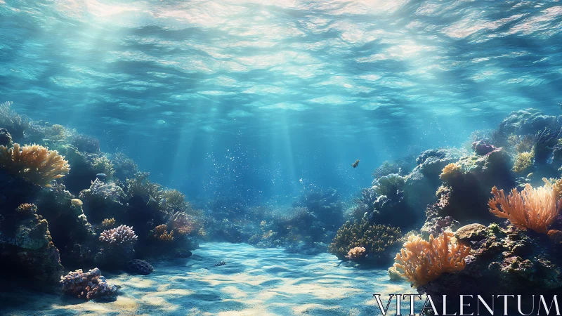 Subsurface coral reef scene shows filtered daylight over seabed