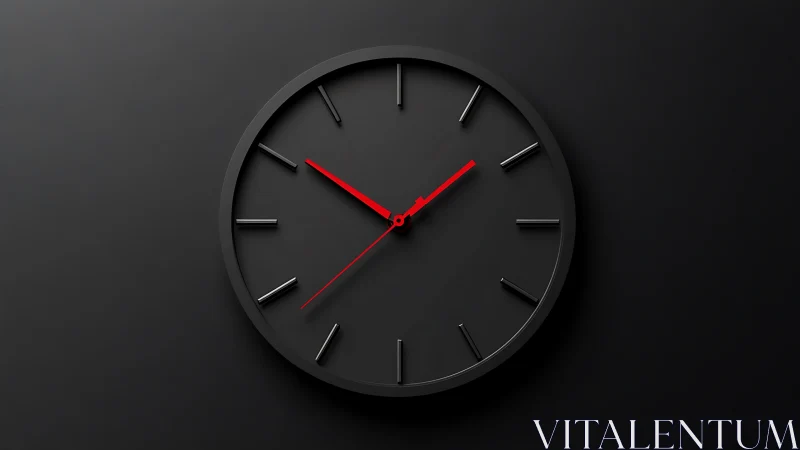 Minimalist black wall clock with bold red hands in focus.