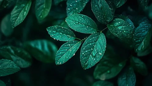 Emerald foliage macro with raindrops in moody low key.