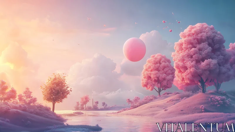 Dreamy pink river valley glows under a soft floating sun