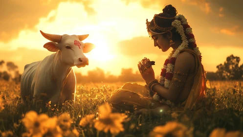 Human figure and cow sit in backlit rural field at sunset