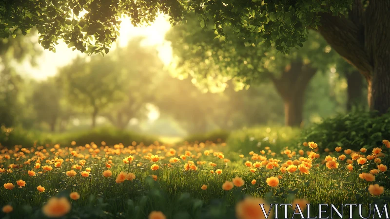 Sunlit meadow of golden flowers invites quiet wandering