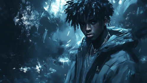 Moody portrait of young man in icy blue urban haze.