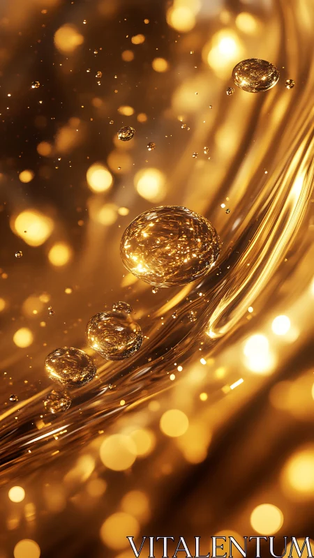 Golden liquid surface with suspended reflective droplets.