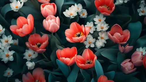 Coral Tulips Dance with Pearlescent Petals Across Teal Garden.