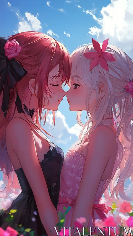 Romantic anime couple in floral dresses under vivid sky.