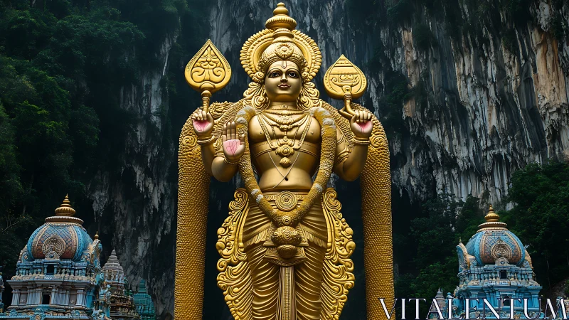 Golden Hindu deity statue dominates lush limestone cliffs.