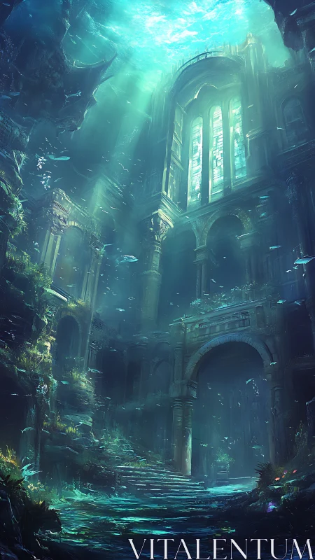 Submerged cathedral ruins under teal refracted seascape.