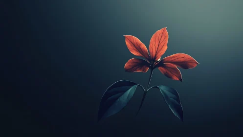Minimalist red flower illuminated on dark teal gradient background.