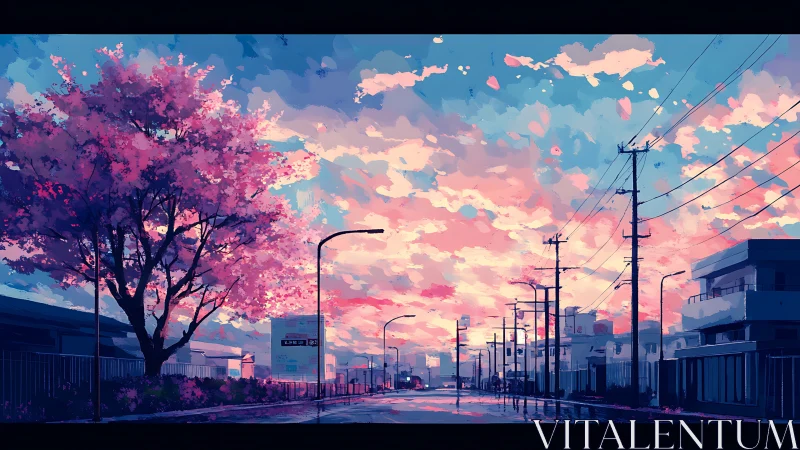 Suburban street at dusk with cherry blossoms and poles.