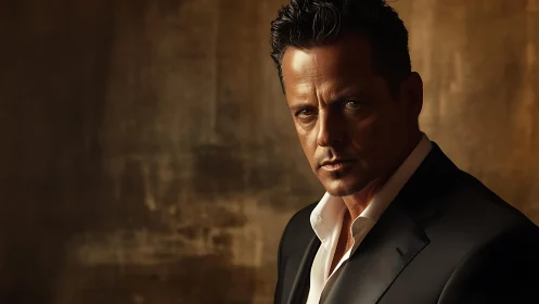 Intense suited man stares into warm cinematic light thoughtfully