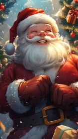 Joyful Santa portrait under glowing Christmas lights.