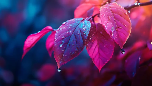 Macro photorealistic pink leaves with neon bokeh lighting.