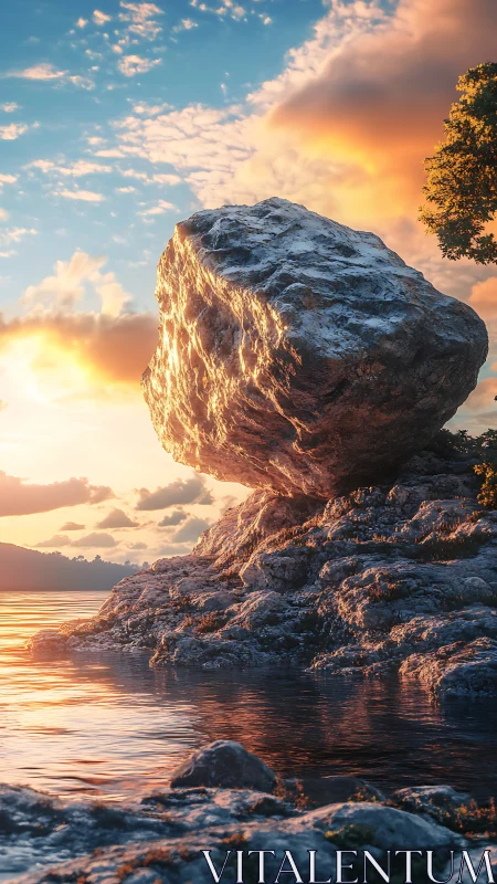 Photorealistic coastal monolith at sunset with rimlit texture.