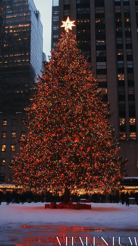 Sparkling city Christmas tree glowing with holiday warmth.