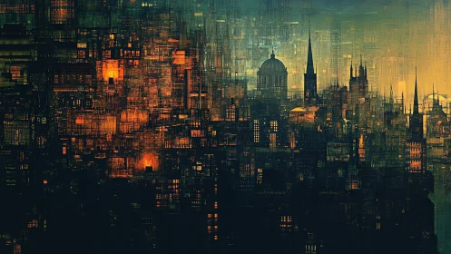 Computational dusk skyline with data-grid illuminated towers.