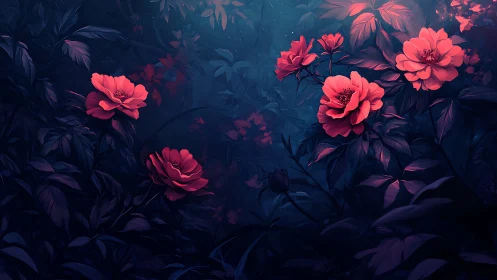 Crimson Peonies Blooming in Twilight Darkness