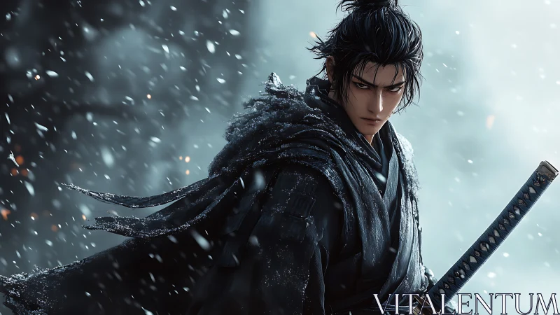 Stoic anime swordsman in snow with dark winter cloak.
